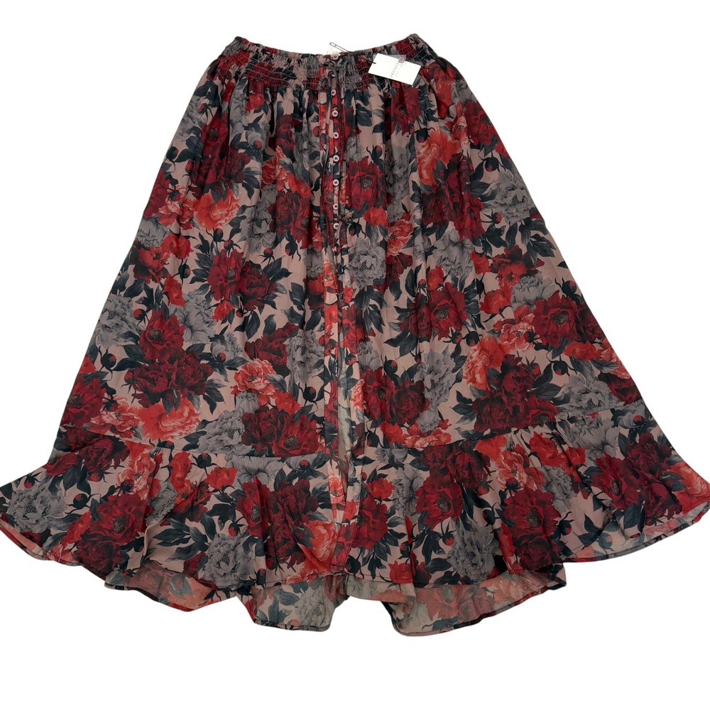 NWT Promesca Floral Smocked Waist High-Low Ruffle Midi Skirt NWT Size L